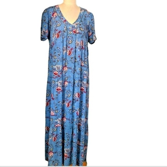 Artesia Boho Floral Tiered Maxi Dress Short Sleeve V Neck Sz M Blue Pink #242D - Picture 5 of 8